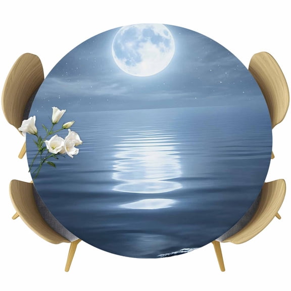 Midnight Moon Round Tablecloth 36-44 Inch Round Fitted Table Cloth with Elastic Edge, Natural Night Scenery Dark Blue Waterproof Table Cover Protector for Outdoor Picnic Party Dining