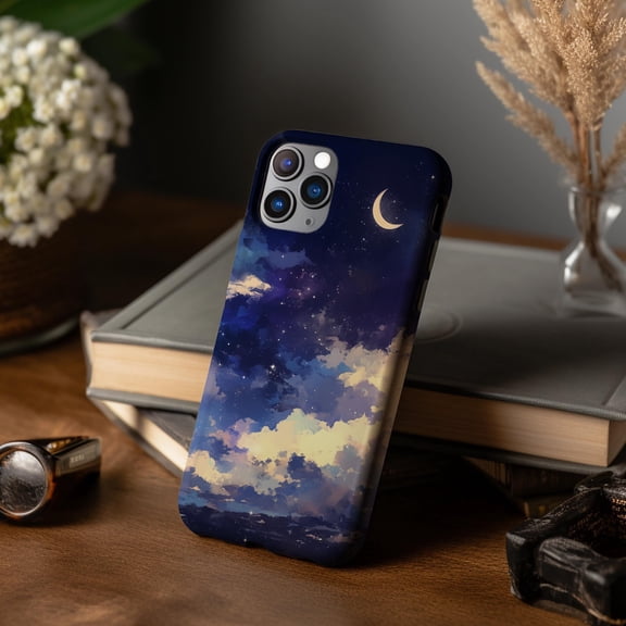 Midnight Moon Sky Phone Case Fits iPhone Samsung Pixel Durable Hard Shell Clouds And Stars Design Gift