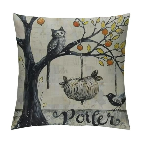 Midnight Moon Tree Throw Pillow Cover,Spooky Halloween Tree with Cat, Crow and Pumpkin, Farmhouse Fall Décor