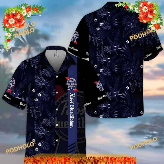 Midnight Pabst Blue Ribbon Hawaiian Shirt Tropical Foliage Summer Gift For Friend
