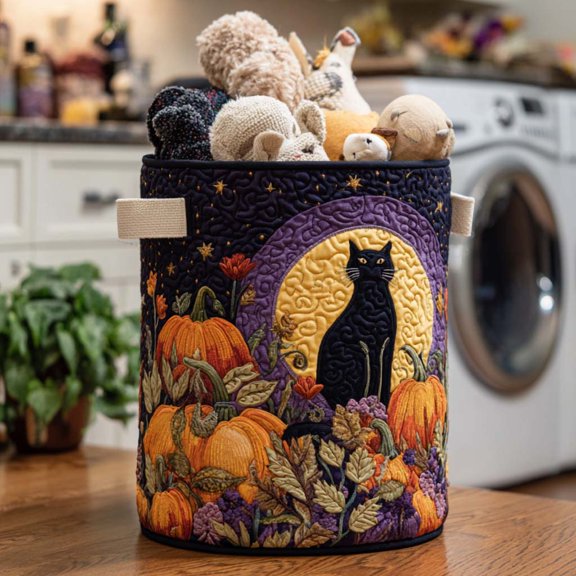 Midnight Purr Quilted Laundry Basket, Clothes Hamper Storage Bag, Housewarming Gift Ideas, Gift For Mom
