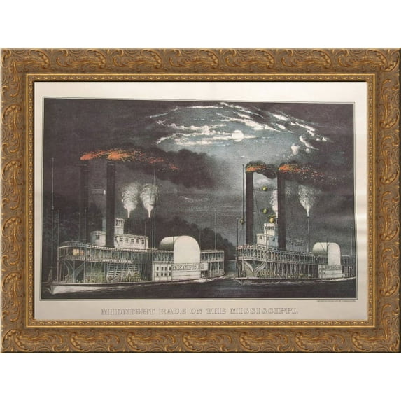 Midnight Race on the Mississippi 24x18 Gold Ornate Wood Framed Canvas Art by Currier and Ives
