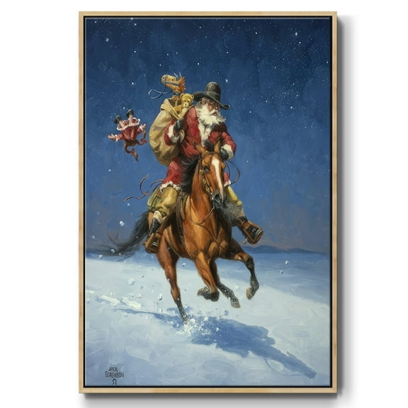Midnight Rider - Framed Gallery Wrapped Holiday Canvas - 17 x 25 - Natural Wood Frame