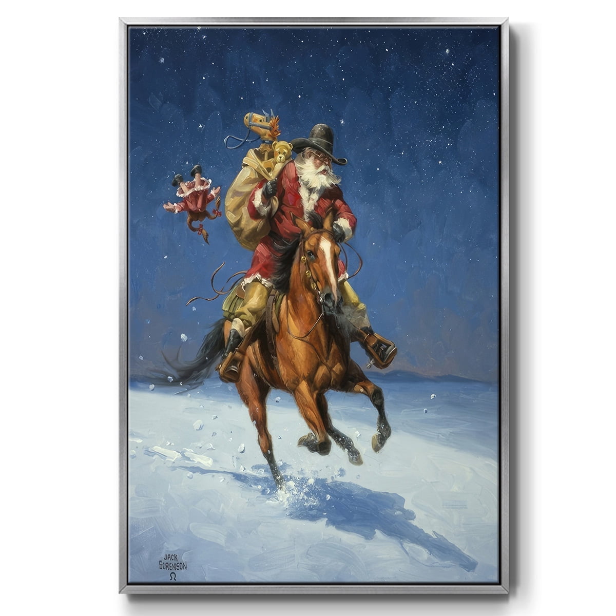 Midnight Rider - Framed Gallery Wrapped Holiday Canvas - 17 x 25 - Silver Frame