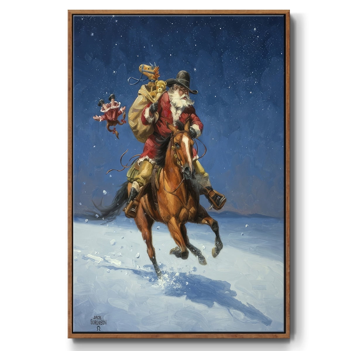 Midnight Rider - Framed Gallery Wrapped Holiday Canvas - 25 x 37 - Rosewood Frame