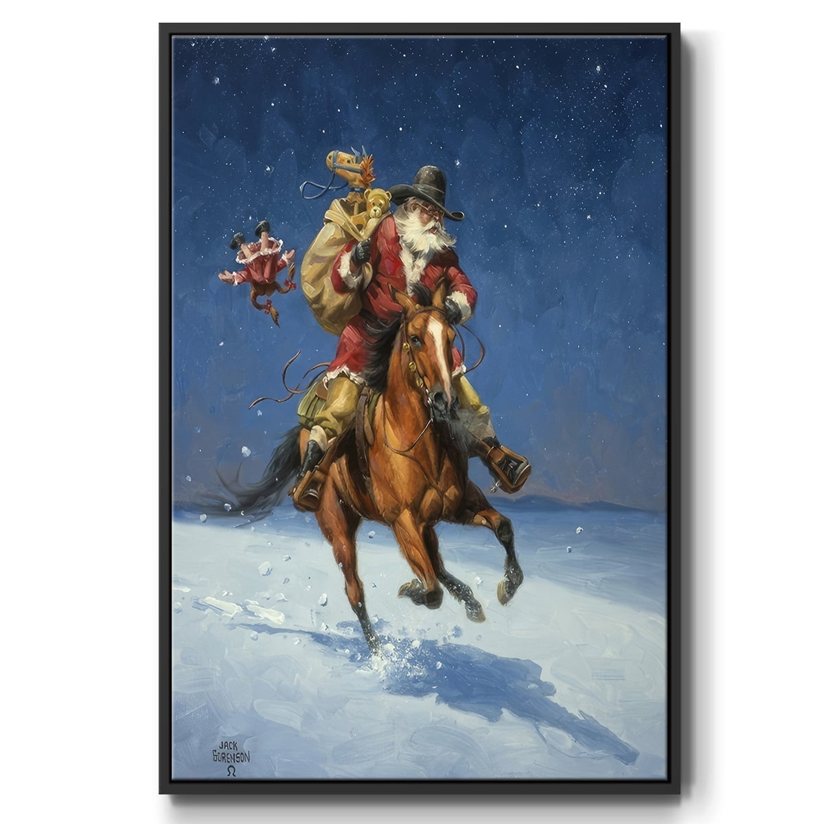 Midnight Rider - Framed Gallery Wrapped Holiday Canvas - 27 x 41 - Black Frame