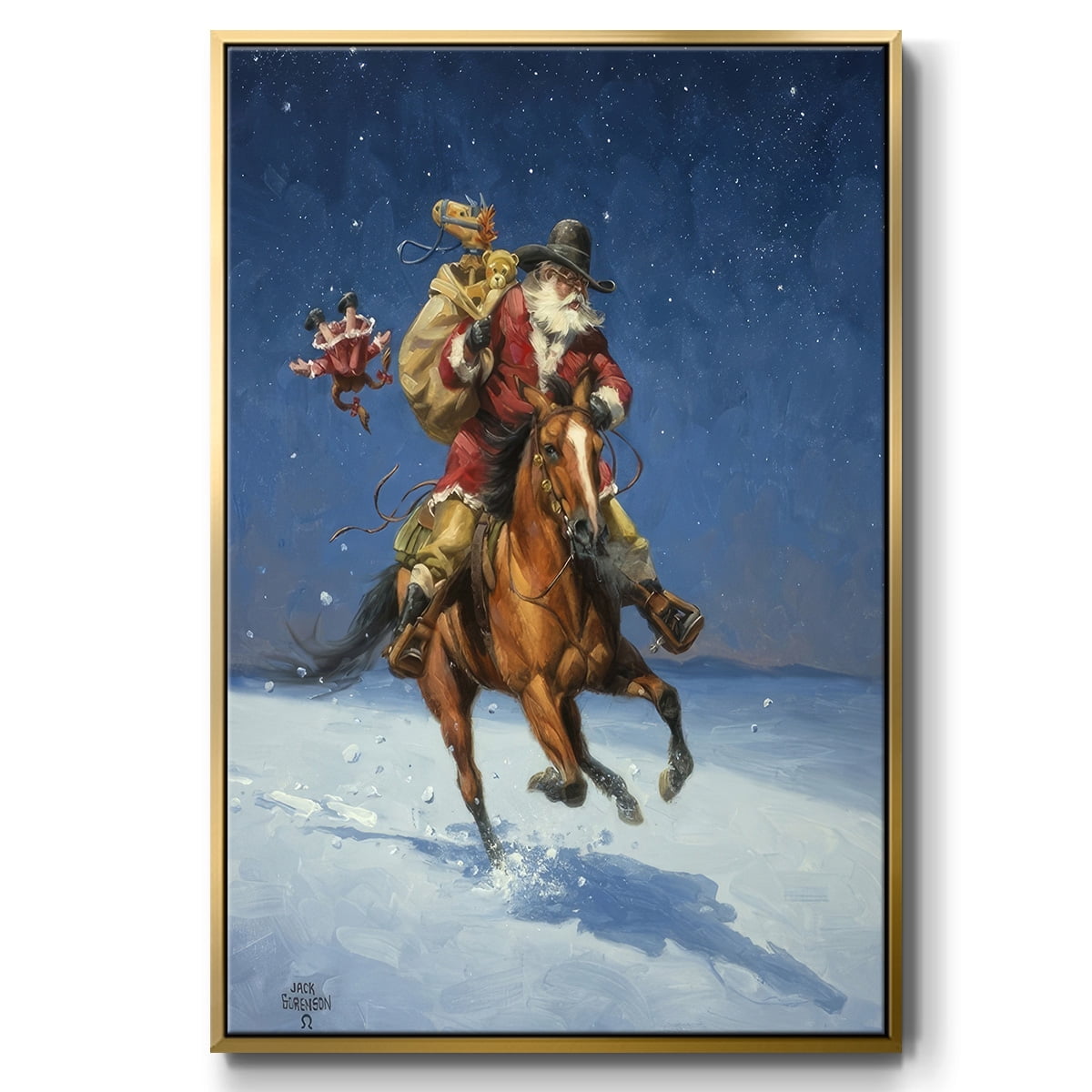 Midnight Rider - Framed Gallery Wrapped Holiday Canvas - 27 x 41 - Gold Frame