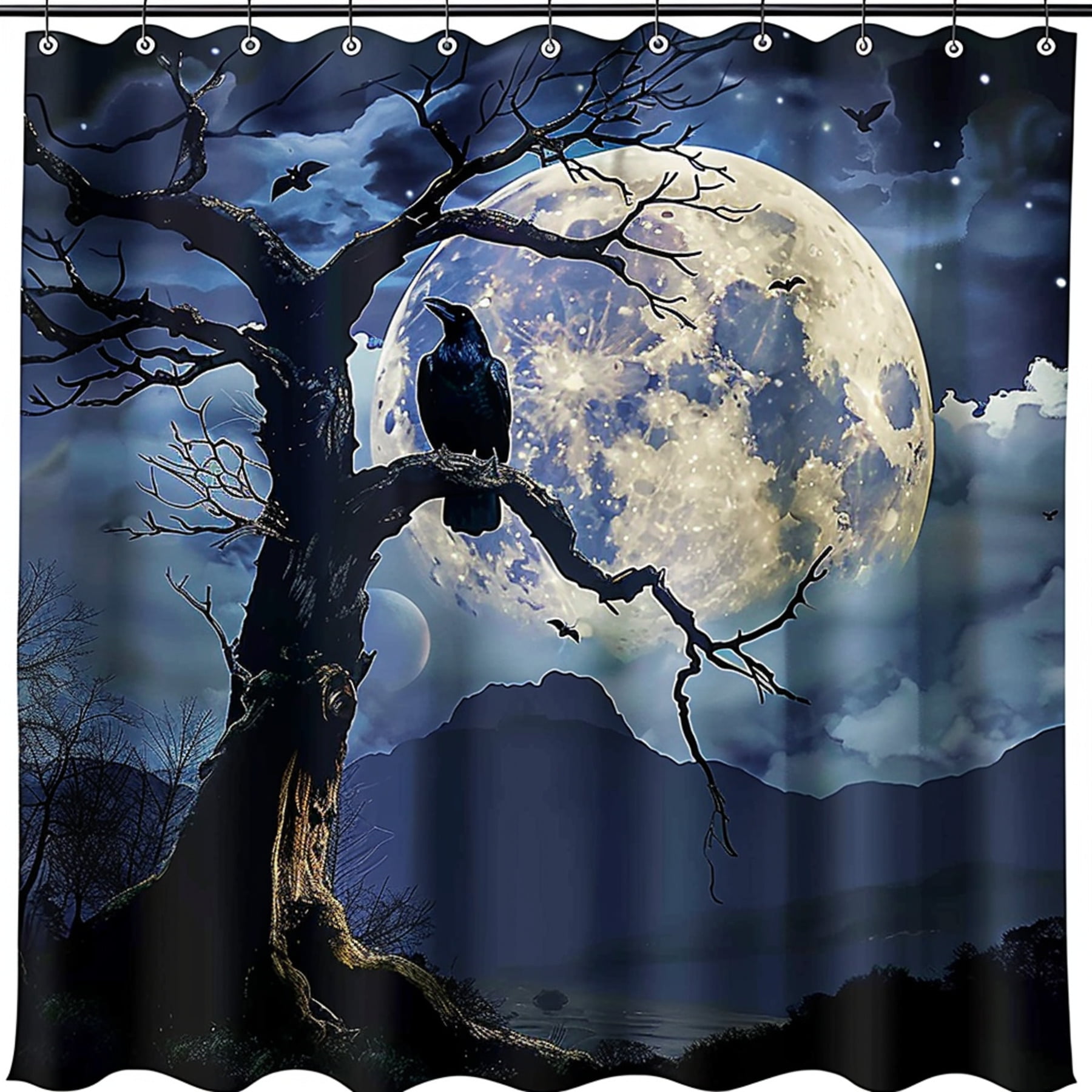 Midnight Serenade Full Moon Raven Shower Curtain with Crows Dark Blue