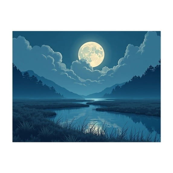 Midnight Serenity: A Full Moon's Glow Over a Calm River Winding Through a Mystical Valley - Digital Art Moon Night Sky Landscape Scenic Nature Mystical Lake Unframed Wall Art Print 30 x 40 inches