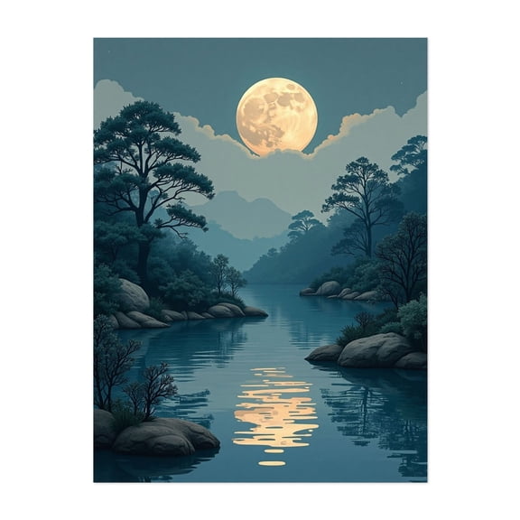 Midnight Serenity: A Luminous Full Moon Over a Whispering River - Digital Art Moon Night Sky Lake Scenic Nature Landscape Mystical Unframed Wall Art Print 5 x 7 inches