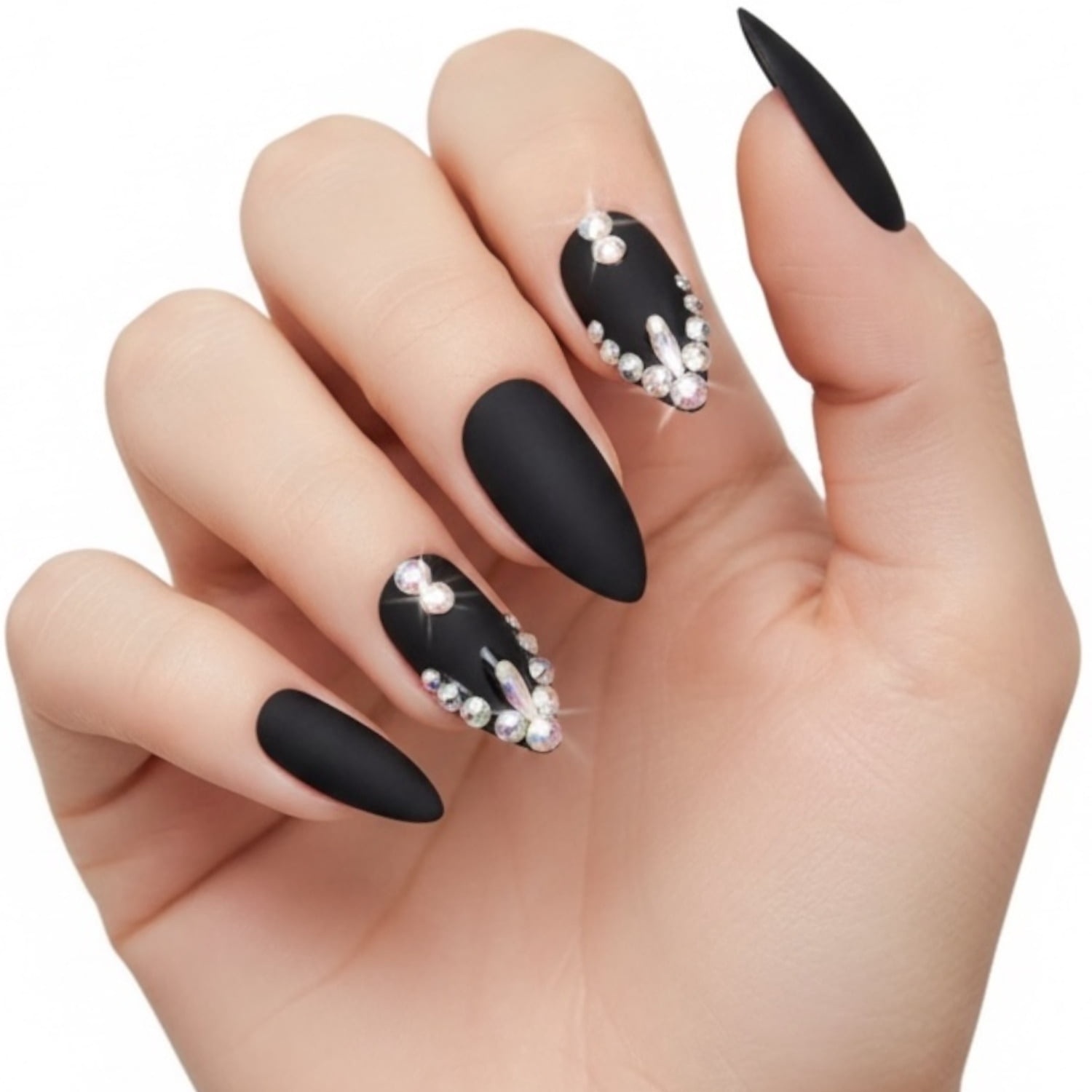 Gothic Kiss | Diamond Black | 3D Crystal Design | Nail Art | Matte | Stiletto | Long | Reusable Press On Nails Set