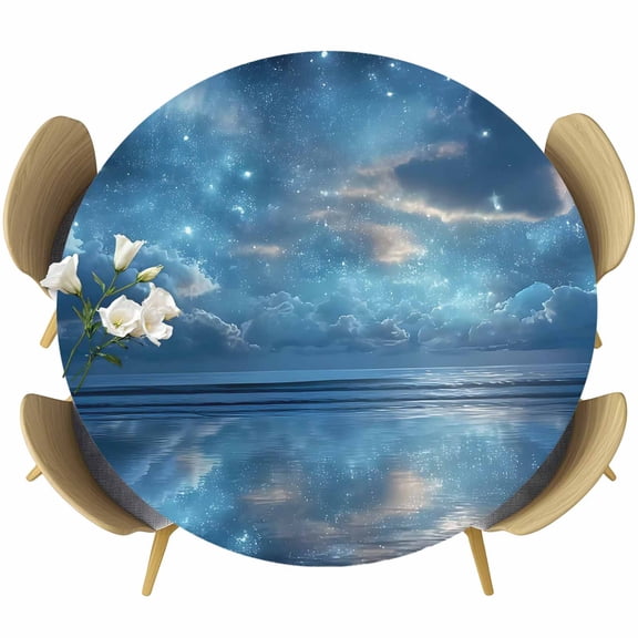 Midnight Stars Round Tablecloth 36-44 Inch Round Fitted Table Cloth with Elastic Edge, Romantic Dreamy Sky Scenery Blue Waterproof Table Cover Protector for Outdoor Picnic Party Dining