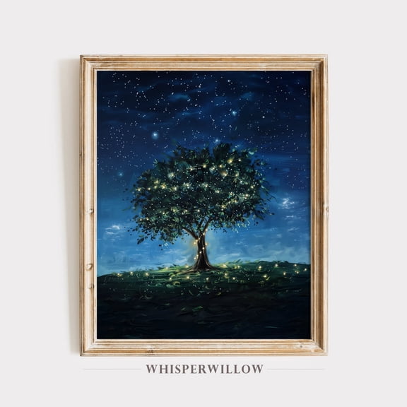 Midnight Stars Twinkle Lights Tree, Able, Starry Night, Whimsical Sky Art, Illuminating Wall Decor Home Decor, 24x36 UNFRAMED