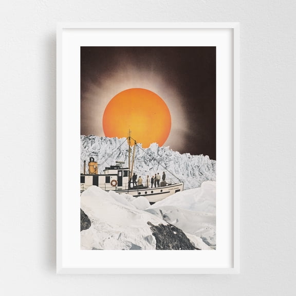 Midnight Sun - Norway Collage Surrealism Boat Retro Sunset Vintage Winter White Framed Wall Art Print 5 x 7 inches