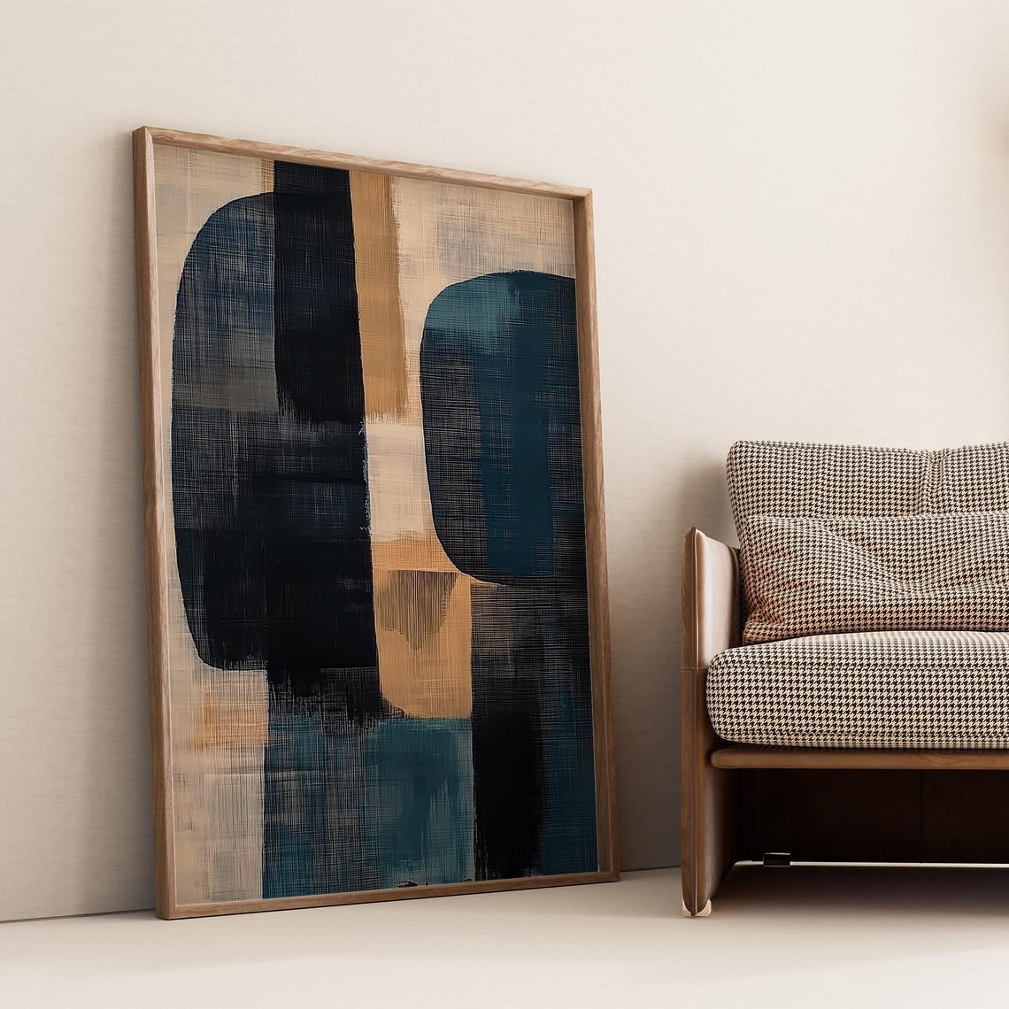 Image showcasing Midnight Tide Wabi Sabi Japandi Art Blue And Beige Abstract Wall Art ...