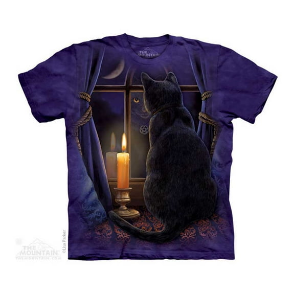 Midnight Vigil Adult T-shirt Black Cat Candle Window Salem Mountain Blue