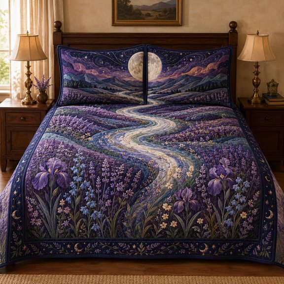 Lavender Field Moon Quilted Bedding Set, Celestial Floral Bedspread