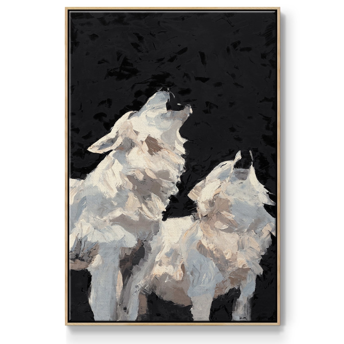 Midnight Wolves Framed Premium Gallery Wrapped Canvas - Ready to Hang - 25 x 37 - Natural Wood Floating Frame