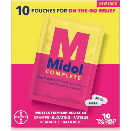 Midol Complete Caplets with Acetaminophen for Menstrual Symptom Relief - 10 Packets (2 Tablets Per Pouch), On The Go Menstrual Pain Relief