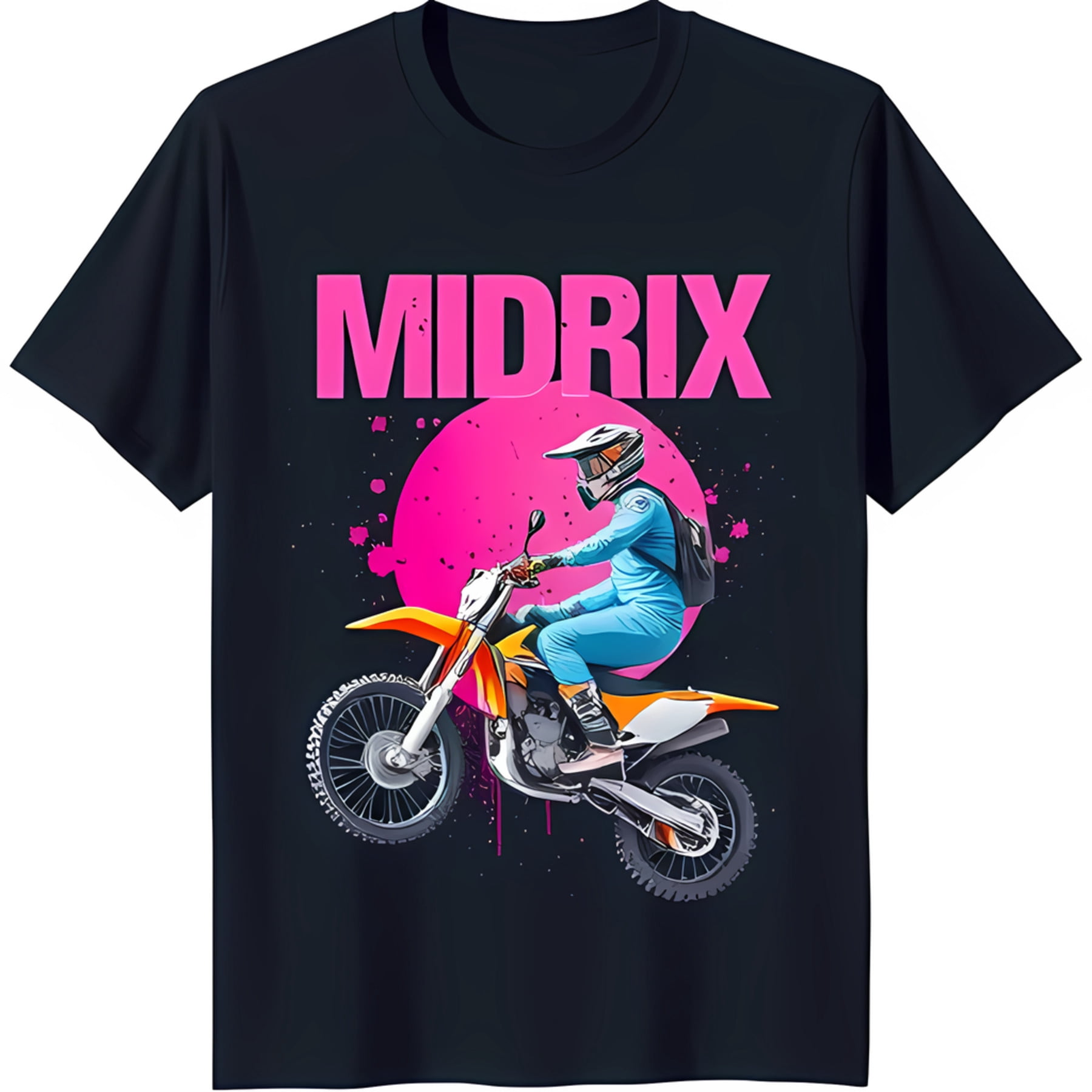 Midrix Motocross Rider Black T-Shirt with Pink Circle & Bold Design ...
