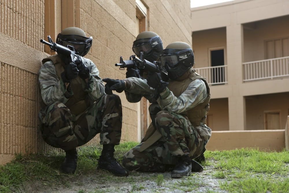 Midshipmen take cover during urban combat training Canvas Art - Stocktrek Images (34 x 23)