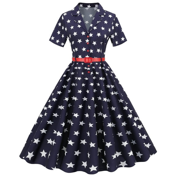 Midsumdr 4Th Of July Vintage Star Print V-neck Short T-shirt Dress A-line Type Tunic Beach Skirt Summer Dresses For Women