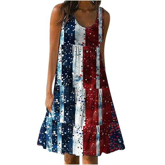 Midsumdr 4th of July Sundresses for Women 2025 Fashion Patriotic Independence Day American Flag Stars Printed Dresses Summer Holiday Round Neck Sleeveless Swing Beach Loose Dresses