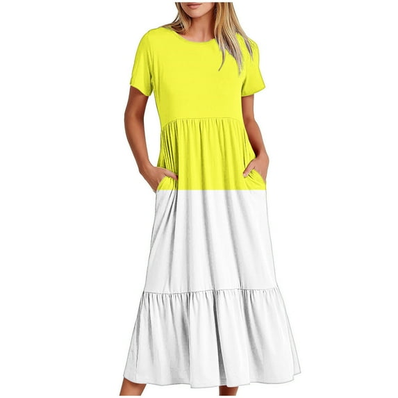 Midsumdr Dresses for Women 2025 Fashion Patchwork Color A-Line Versatile Flowy Summer Dress Loose Plus Size Round Neck Short Sleeve Dress with Pockets