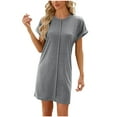 thumbnail image 1 of Midsumdr Dresses for Women 2025 Spring Summer Solid Color Round Neck Bubble Short Sleeve Dress Knee Length Temperament Swing Midi Dress, 1 of 4