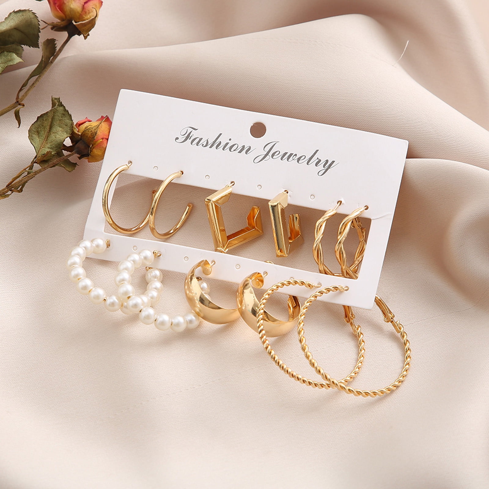 Midsumdr Earrings For Women,6Pairs Gold Hoop Earrings Set For Female Multipack, Fashion Dangle Statement Pearl Earrings Pack, Chunky Hoops Jewelry Jewelry Silver Gold Hoop Earrings Stud Earrings