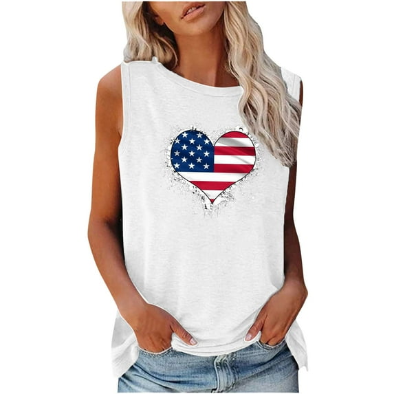Midsumdr Independence Day Tank Tops Women Summer Sleeveless Round Neck Printing Tank Tops Casual T Shirts Blouse Top Loose Fit