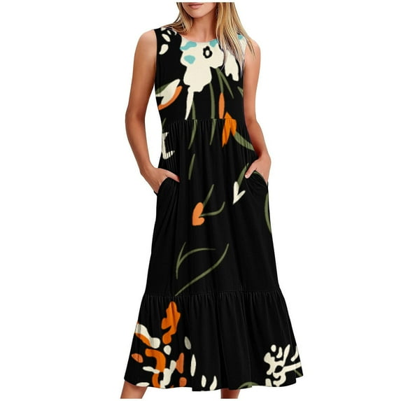 Midsumdr Maxi Dress for Women Casual Boho Printed Sleeveless Round Neck Summer Dress A-Line Loose Plus Size Temperament Maxi Dress with Pockets