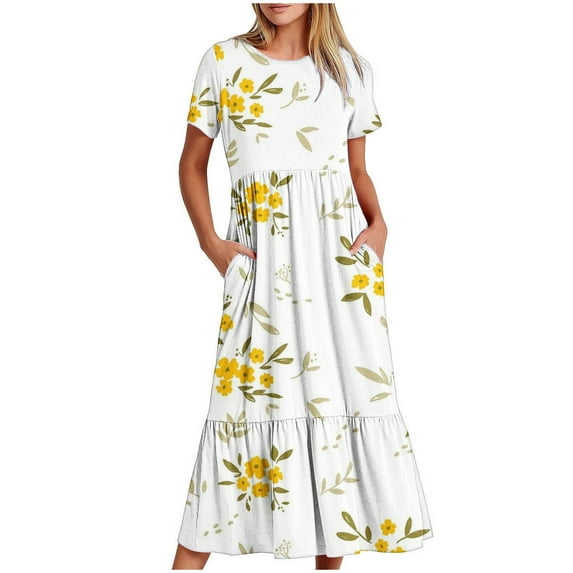 Midsumdr Maxi Dress for Women New Fashionable Short Sleeve Round-Neck Boho Maxi Dress Loose Plus Size Floral Printed Temperament Summer Dress