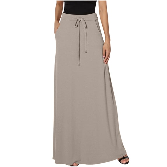 Midsumdr Maxi Skirts for Women 2025 Fashion Solid Color Drawsting Elastic Waist Skirt Casual Loose Plus Size A-Line Temperament Long Skirts