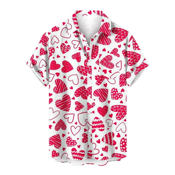 Midsumdr Mens Shirts Valentine's Day Love Heart Printed Pockets Shirt Casual Loose Plus Size Short Sleeve Turndown Collar Hawaiian Shirts