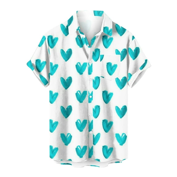Midsumdr Mens Shirts Valentine's Day Love Heart Printed Pockets Shirt Casual Loose Plus Size Short Sleeve Turndown Collar Hawaiian Shirts