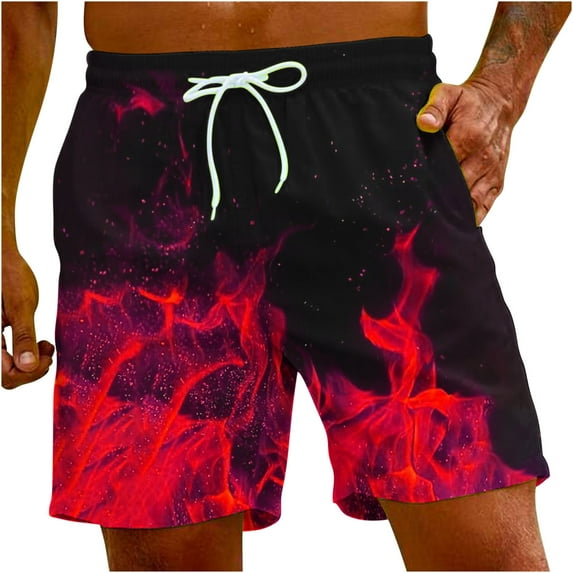 Midsumdr Mens Shorts 2025 Summer Casual Drawsting Beach Shorts with Pockets Hawaiian Fashion Flame Printed Plus Size Shorts