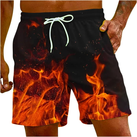 Midsumdr Mens Shorts 2025 Summer Casual Drawsting Beach Shorts with Pockets Hawaiian Fashion Flame Printed Plus Size Shorts