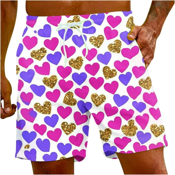 Midsumdr Mens Shorts 2025 Valentine's Day Love Heart Printed Drawstring Beach Shorts Casual Loose Plus Size Shorts wit Pockets