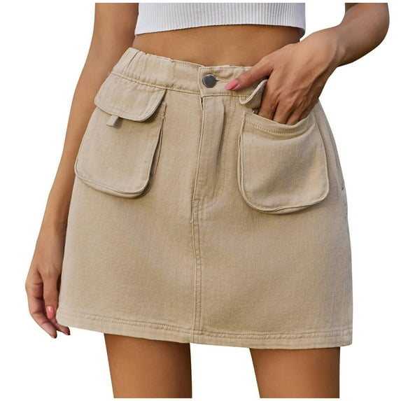 Midsumdr Mini Skirt for Women Casual Fashion Elastic Waist Workwear Pockets Skirt Solid Color Reto Temperament Loose Fit Skirts