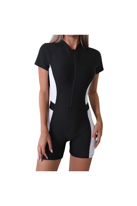 One Piece Swimsuit Women Fashion Rash Guard Long Sleeve UV UPF 50+ Sun Protection Swimsuit Front Zipper Printed Patchwork Bathing Suit
