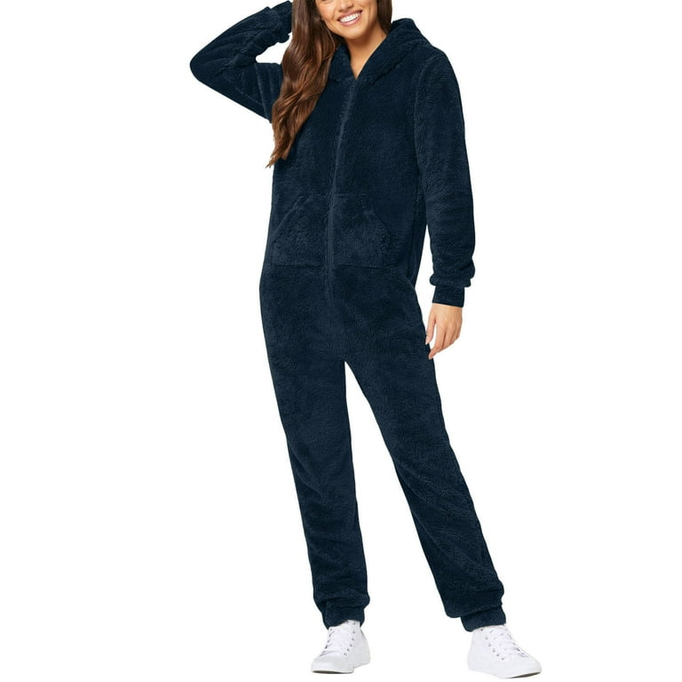 Midsumdr Onesie Pajamas for Women Solid Color Long Sleeve Hooded Jumpsuit Pajamas Casual Winter Warm Flannel Soft Zipper Rompe Sleepwear on Clearance Walmart