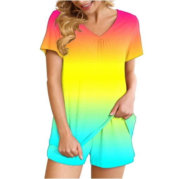 Midsumdr Pajamas for Women Set 2025 Gradient Color Casual V-neck Tops and Shorts Loose Plus Size Soft Comfortable Pajama Sets for Women 2 Piece