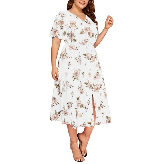 Midsumdr Plus Size Dress For Women,Boho Summer Front Split Deep V Neck Short Sleeves Skirt Floral Print Long Dresses Flowy Swing Beach Skirt,Dresses For Women 2025