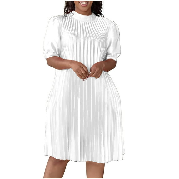 Midsumdr Plus Size Dresses for Curvy Women Fashion Solid Color Round Neck Temperament Midi Dress Swing Pleated Short Sleeve Knee Length Dress