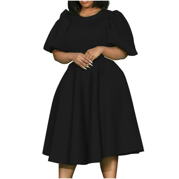 Midsumdr Plus Size Dresses for Curvy Women Ruffle Sleeve Tiered Casual Loose Midi Dress Swing Solid Color Knee Length Dress