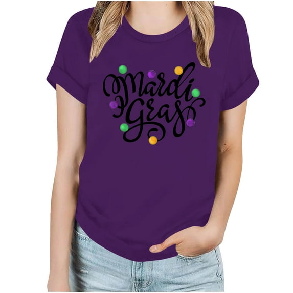 Midsumdr Plus Size Tops for Women 2025 Summer Round Neck Short Sleeve Carnival Graph Printed Tops New Fashion Solid Color Casual Loose Shirt Tops for Party