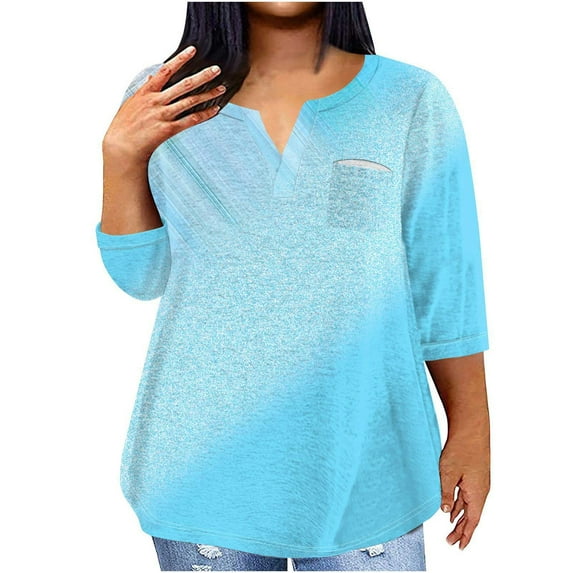 Midsumdr Plus Size Tops for Women 2025 Summer Sexy V-Neck Casual Loose Fit Short Sleeve Tops Gradient Color Temperament Blouse Tops with Pockets