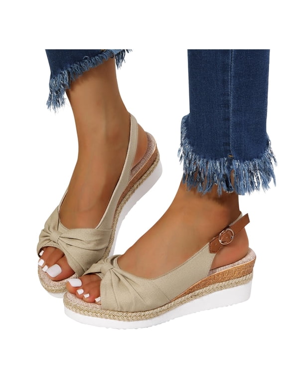 Sandals Women Open-toe Espadrilles Wedges Shoes Slingback Mid Low Heel Canvas Bow Dress Sandals Platform Sandals Women