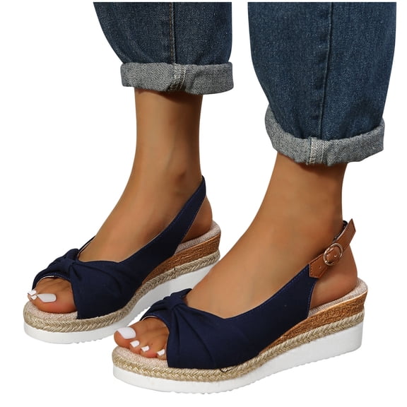 Midsumdr Sandals Women Open-toe Espadrilles Wedges Shoes Slingback Mid Low Heel Canvas Bow Dress Sandals Sandals Women